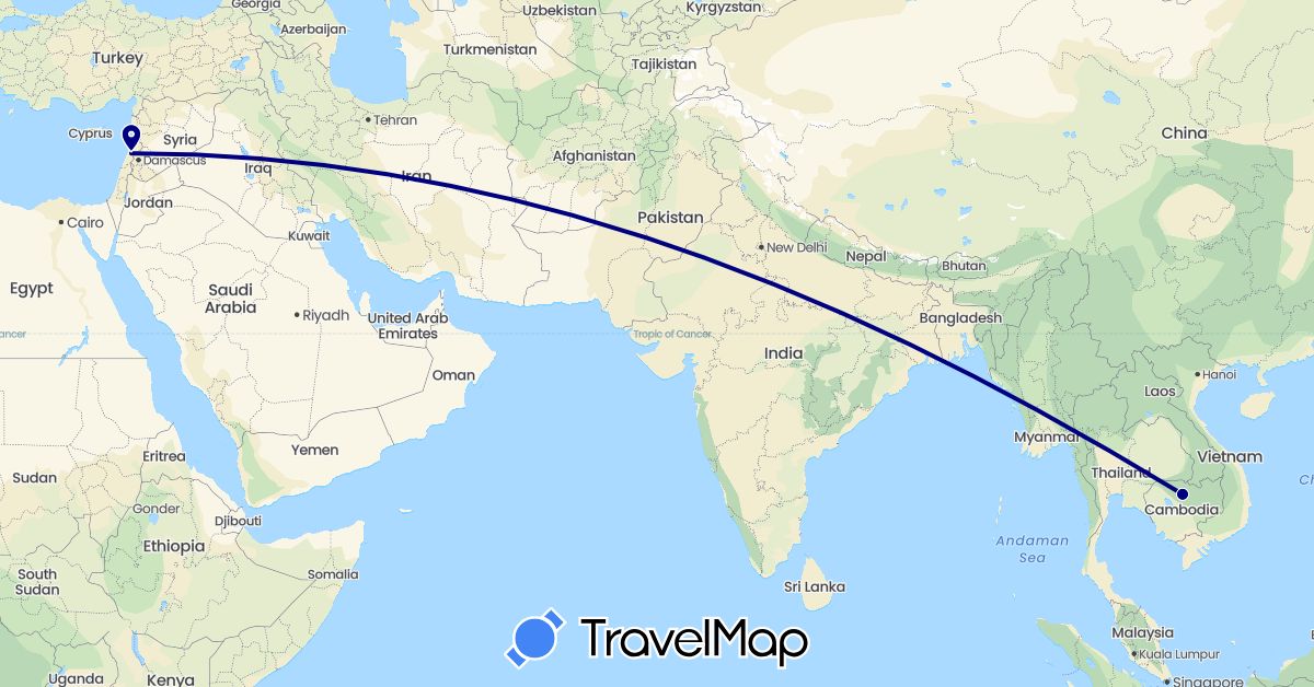 TravelMap itinerary: driving in Cambodia, Lebanon (Asia)